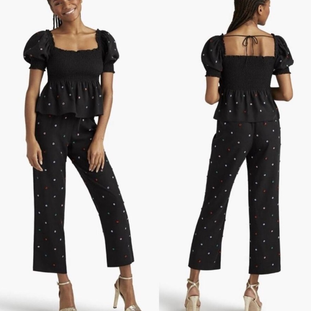 Hill House Black Puff-Sleeve Smocked Top & Cropped Pant Set with Multicolor Dots